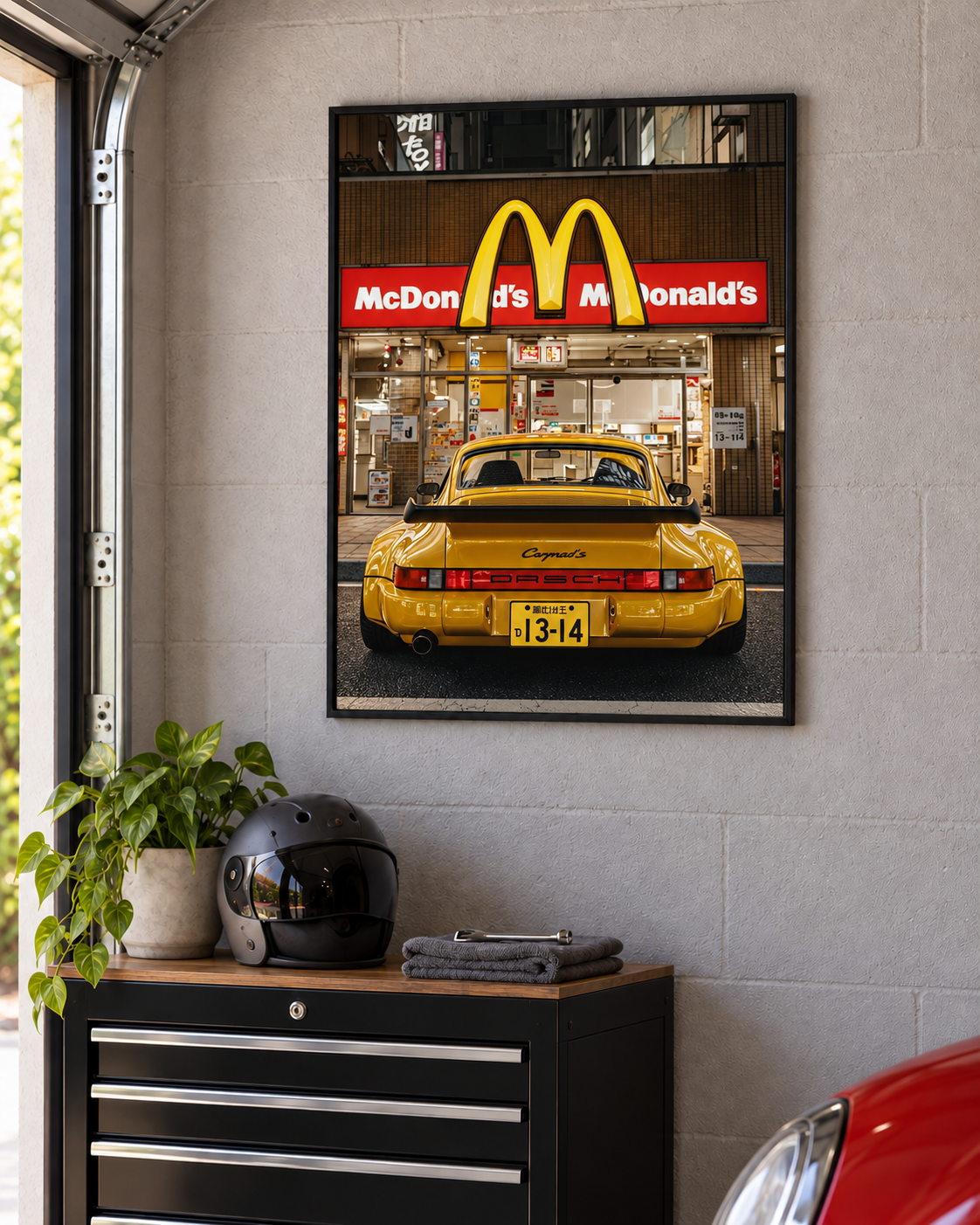 Tokyo Drive-Thru – car culture poster v čiernom ráme na stene garáže