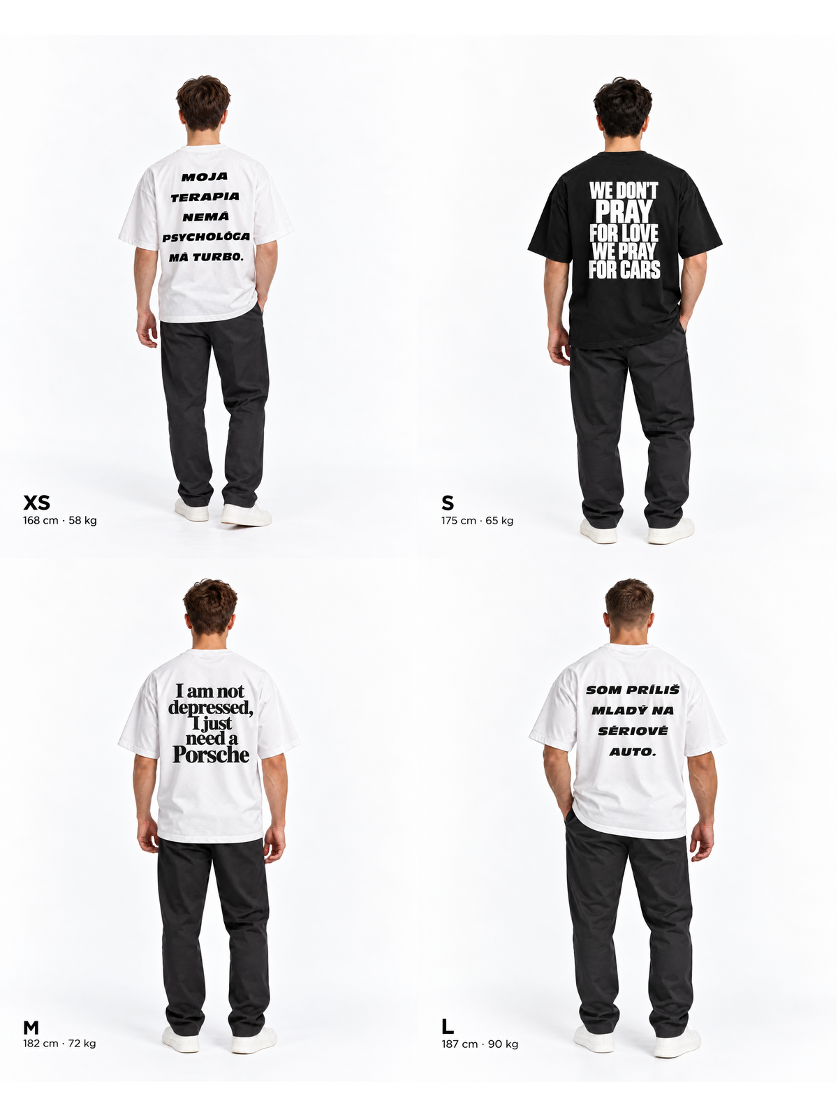 Porovnanie oversized strihu na postavách – veľkosti XS, S, M a L