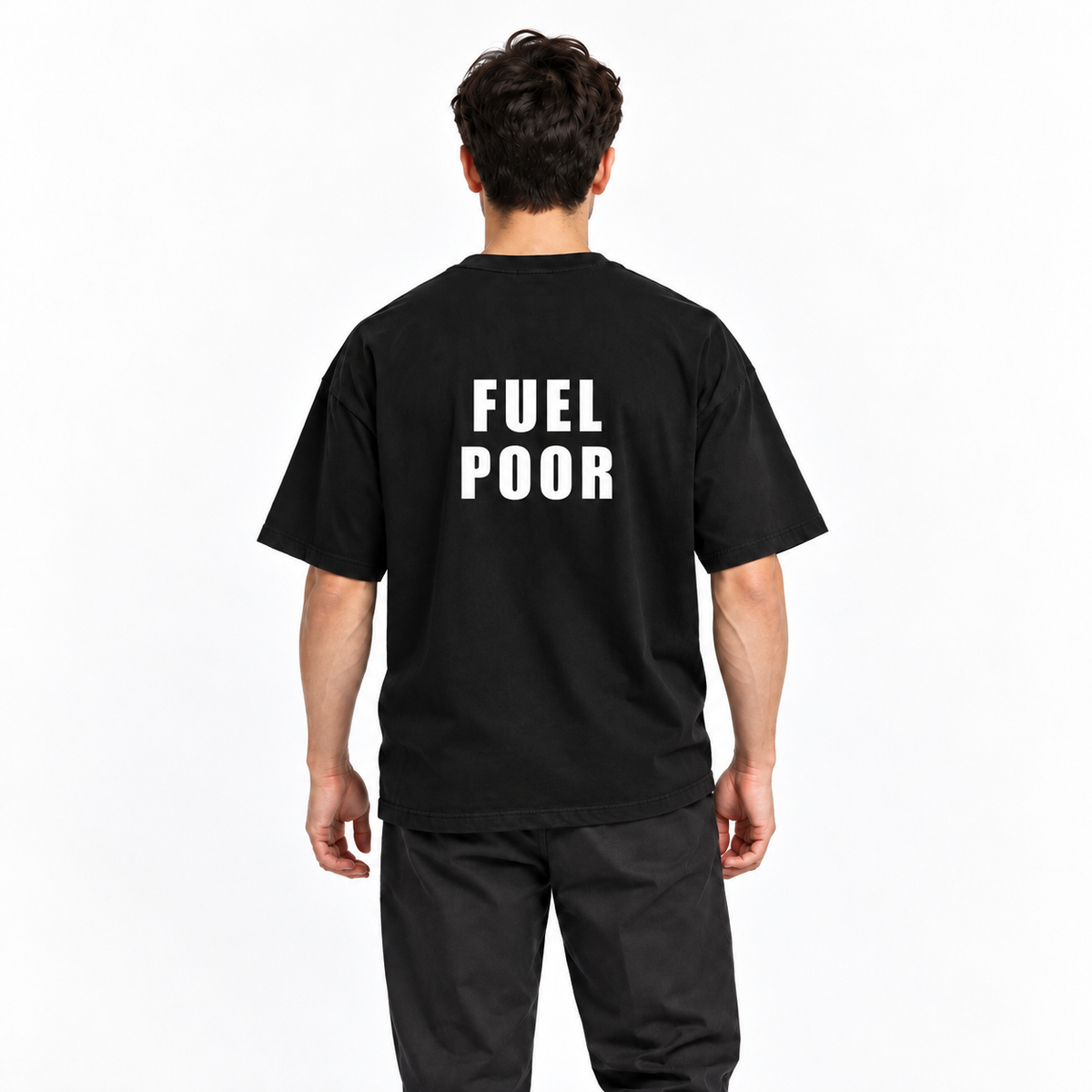 Fuel Poor – čierne oversized tričko na postave, pohľad zozadu