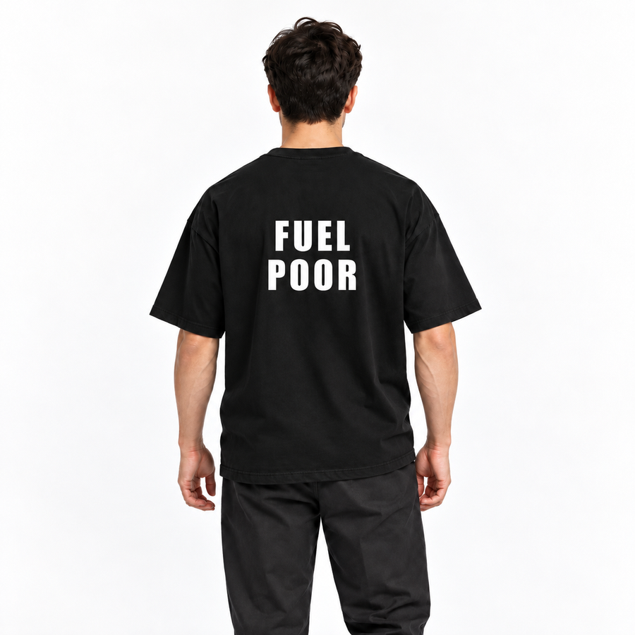 Fuel Poor – čierne oversized tričko na postave, pohľad zozadu