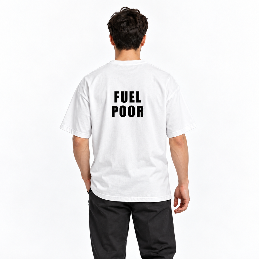 Fuel Poor – biele oversized tričko na postave, pohľad zozadu