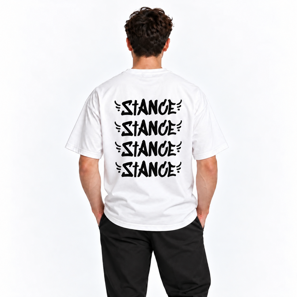 Inspired by Stance – biele oversized tričko na postave, pohľad zozadu