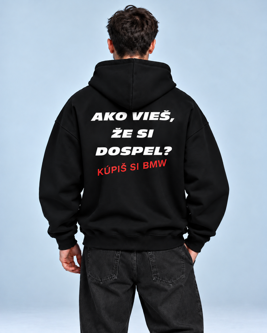 Ako vieš, že si dospel? Kúpiš si BMW – čierna oversized mikina, pohľad zozadu