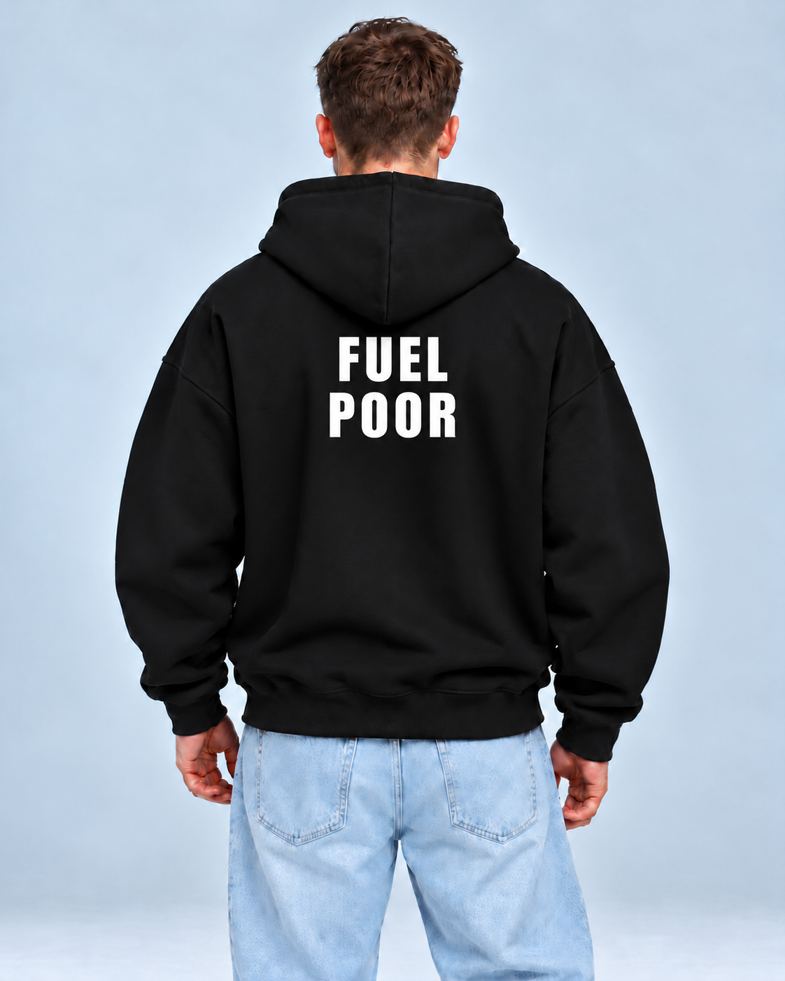 Fuel Poor – čierna oversized mikina, pohľad zozadu