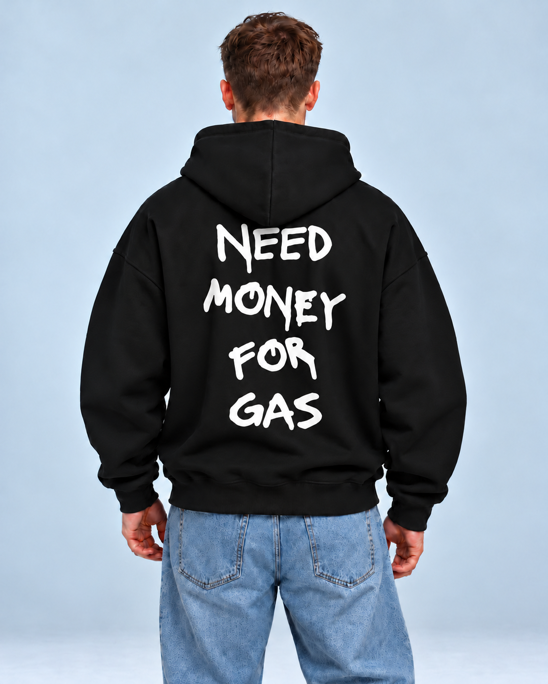 Need Money for Gas – čierna oversized mikina, pohľad zozadu