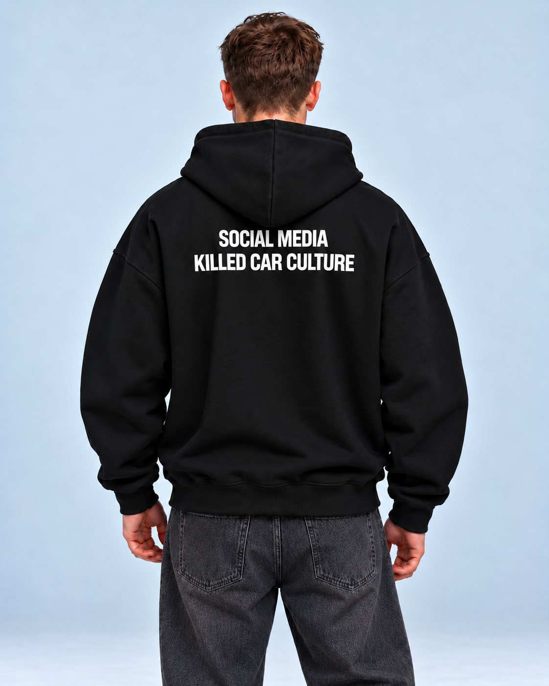 Social Media Killed Car Culture – čierna oversized mikina, pohľad zozadu