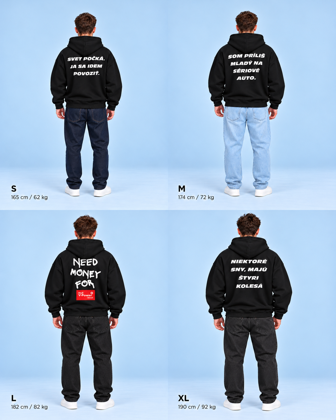 Orientačné veľkosti mikiny S, M, L a XL na štyroch postavách