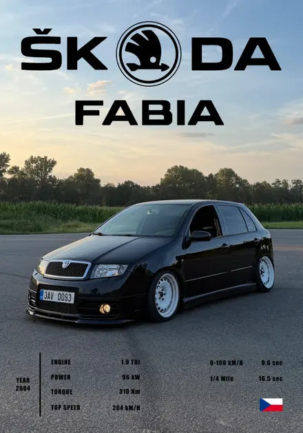 Dizajn 1 – Škoda Fabia s názvom a technickými údajmi